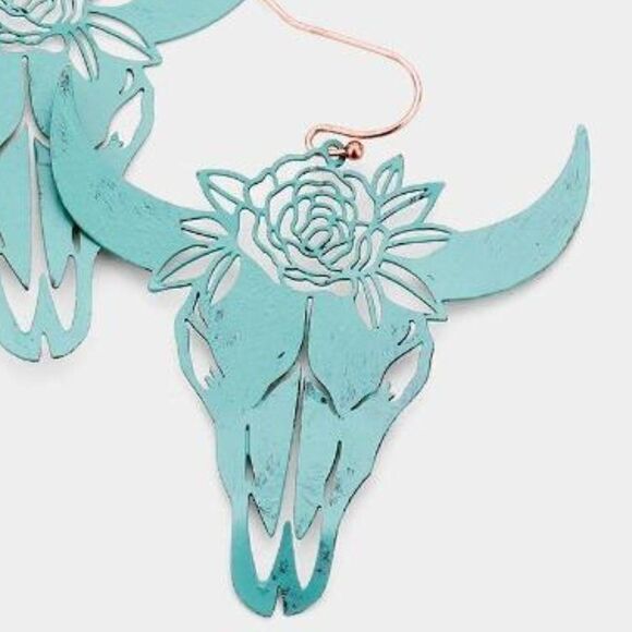 5/$25 Steer Head Flower Patina Verdigris Earring - Picture 2 of 7